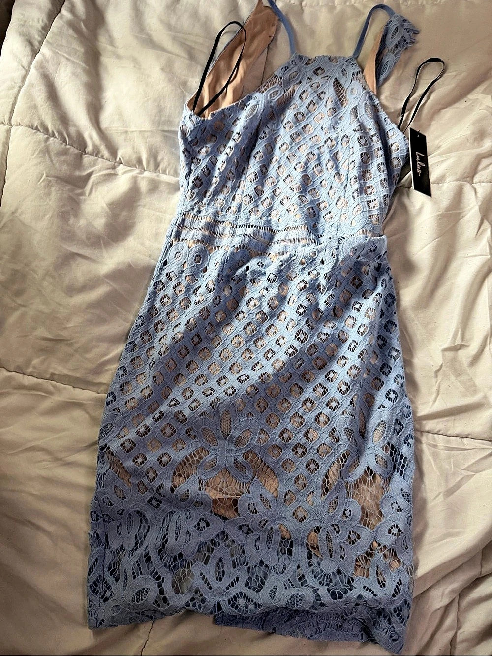 Lulus Adra Dusty Blue Lace Midi Dress